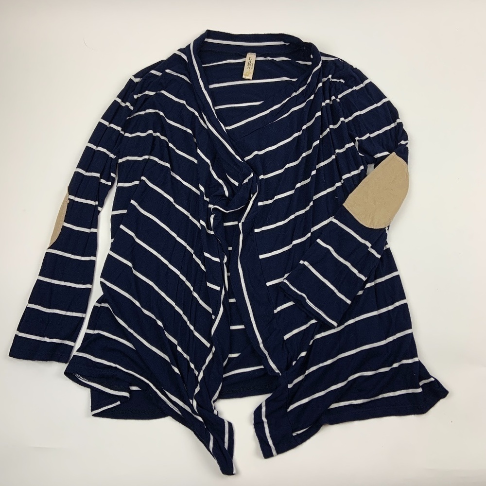 Lara Fashion Cardigan Womens Medium Long Sleeve Accent Elbow Patches Blue White